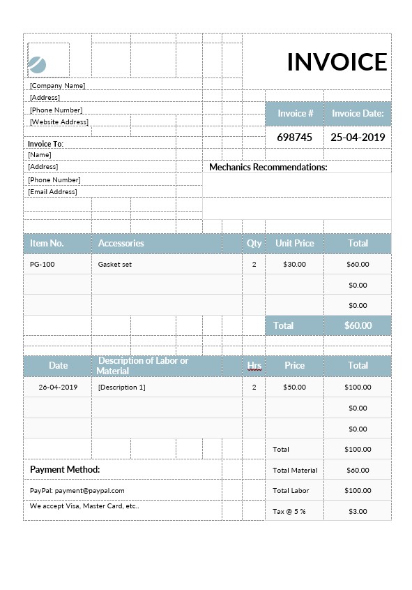 Mechanic Invoice Template PSD template